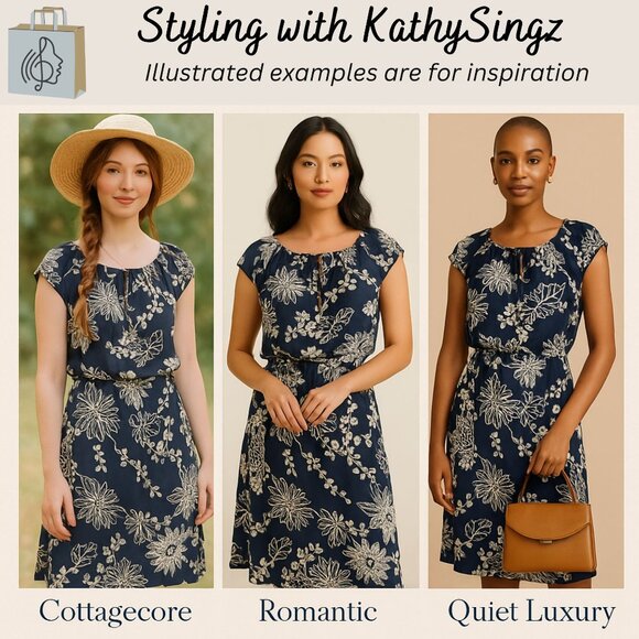 J Crew Womens Navy Floral Silk Midi Dress Size 12 Elastic Waist Scoop Neck - Picture 7 of 14